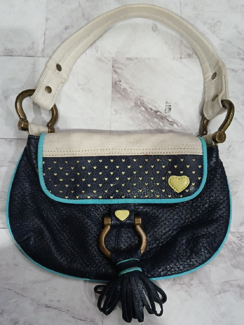 GAP Navy and Cream Shoulder Bag with Turquoise Trim, Y2K